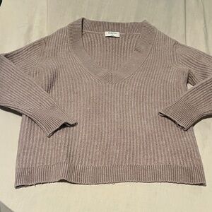 Babaton Women's V-Neck Ribbed Tan Sweater- Merino Wool